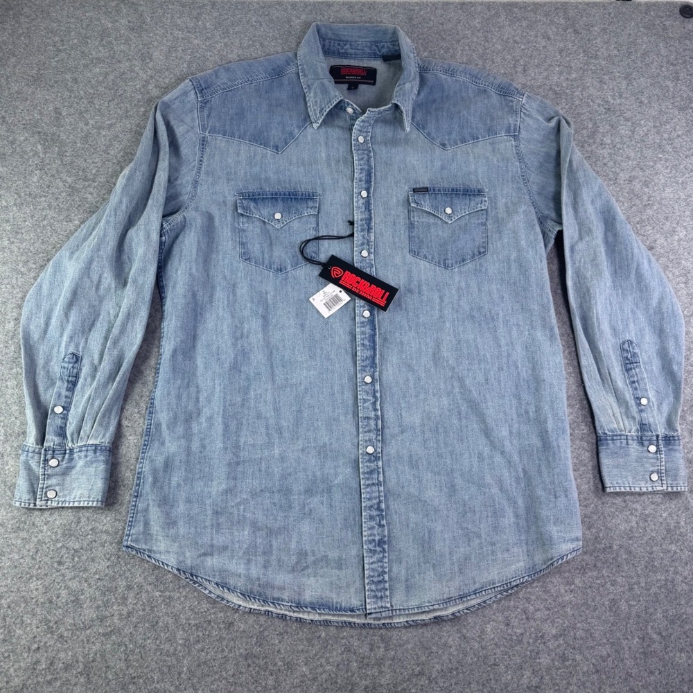 Rock and Roll Denim Mens XL Western Pearl Snap Shirt Light Wash Blue B2S2311